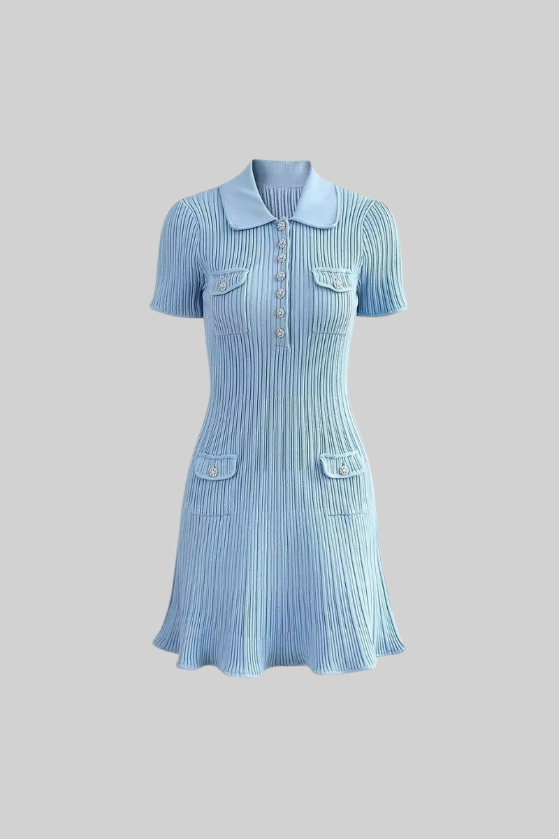 Diamond-Button Short Sleeve Ribbed Knit Mini Dress - Blue