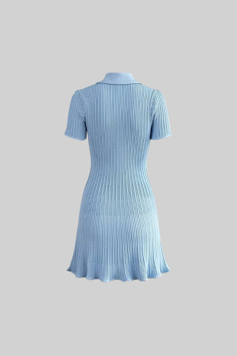 Diamond-Button Short Sleeve Ribbed Knit Mini Dress - Blue