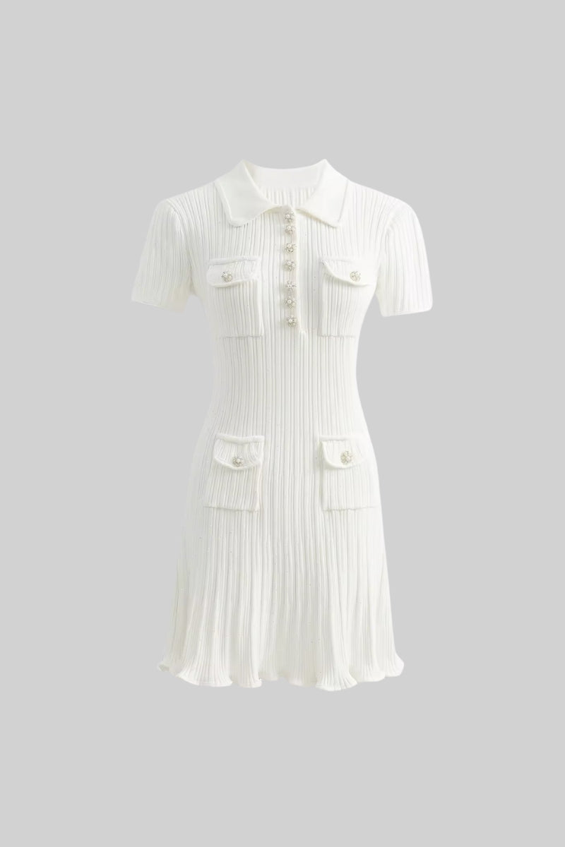 Diamond-Button Short Sleeve Ribbed Knit Mini Dress - White