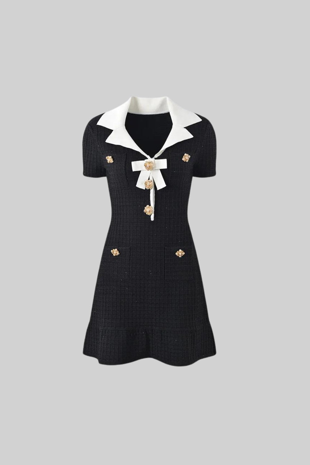 Short Sleeve Mini Tweed Dress with Decorative Details - Black