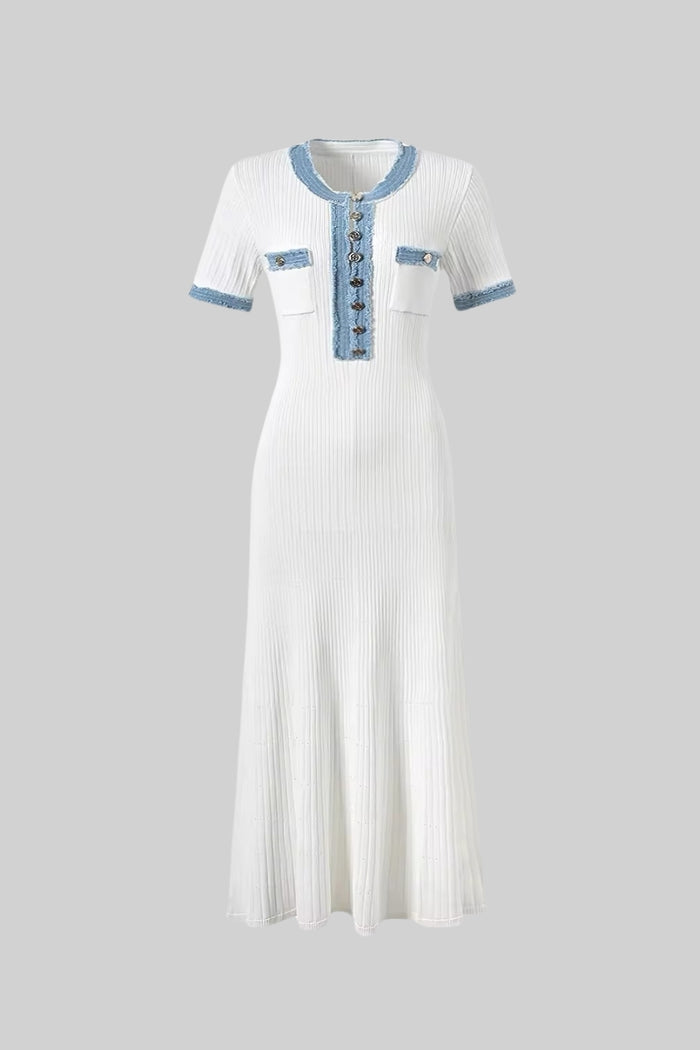 Short Sleeve Ribbed Knit Midi Dress - White