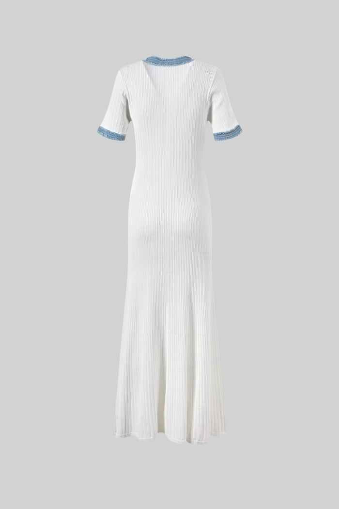 Short Sleeve Ribbed Knit Midi Dress - White