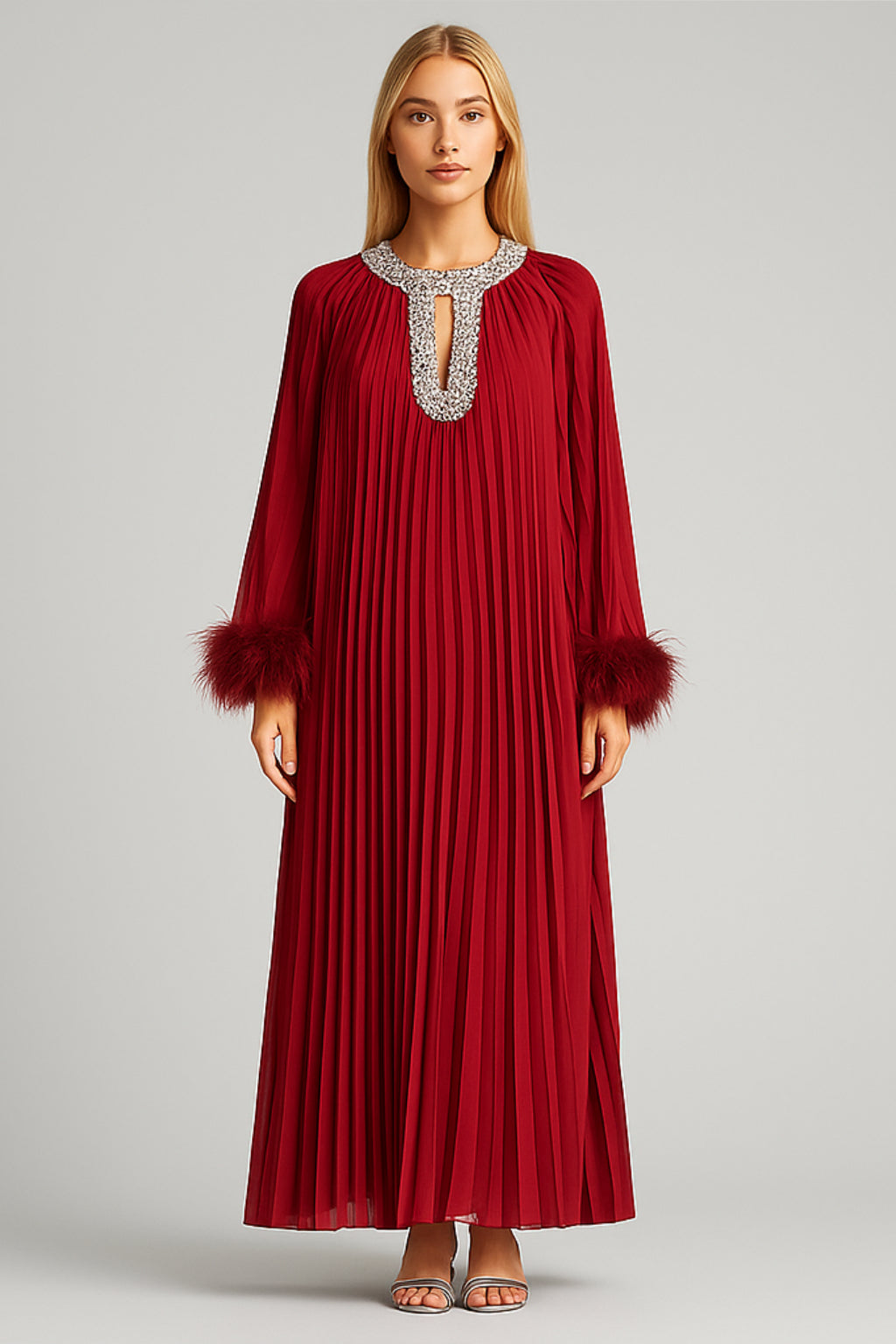 Feather-Trim Pleated Gown - Burgundy