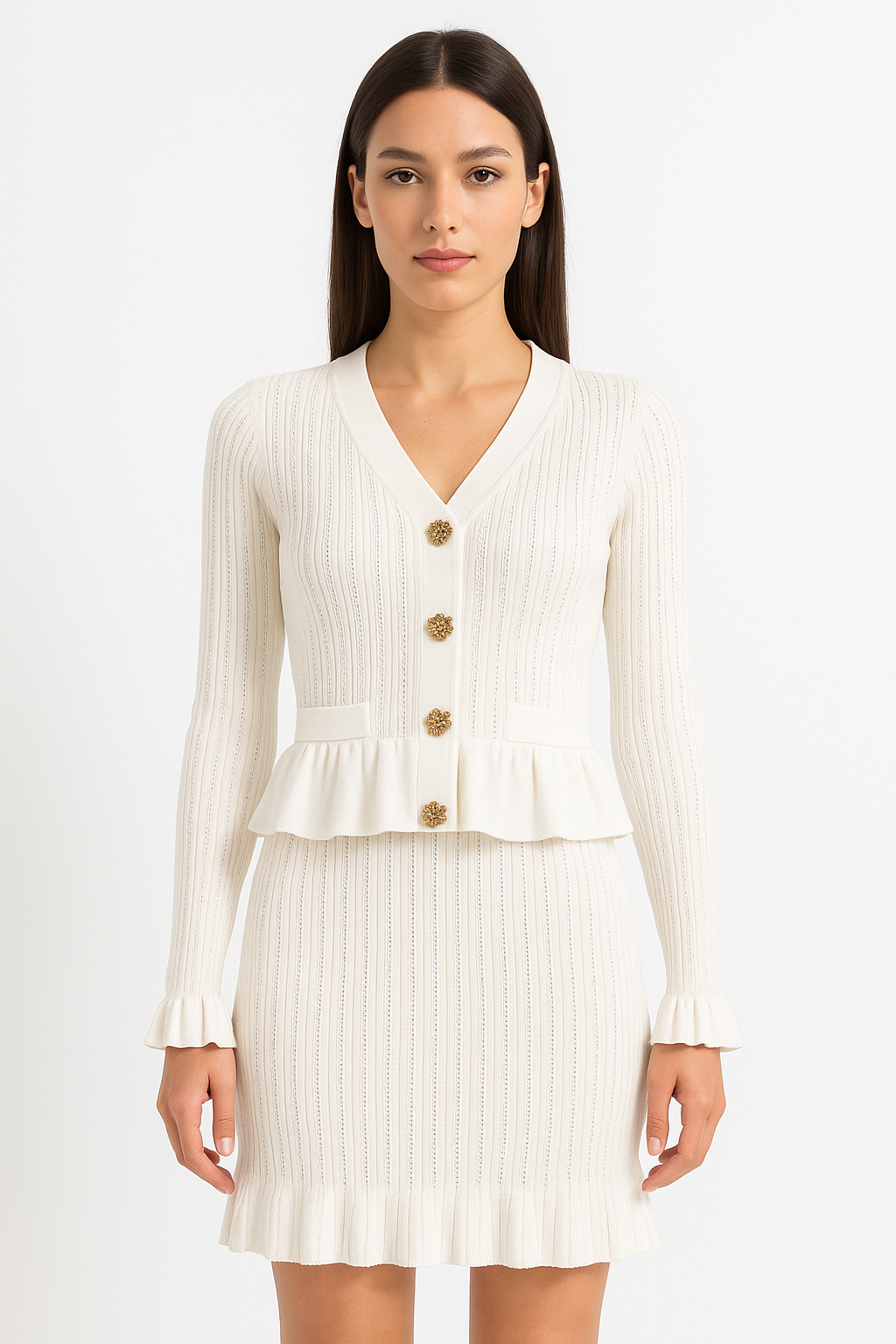 Pearl-Button Peplum Knit Dress - Ivory