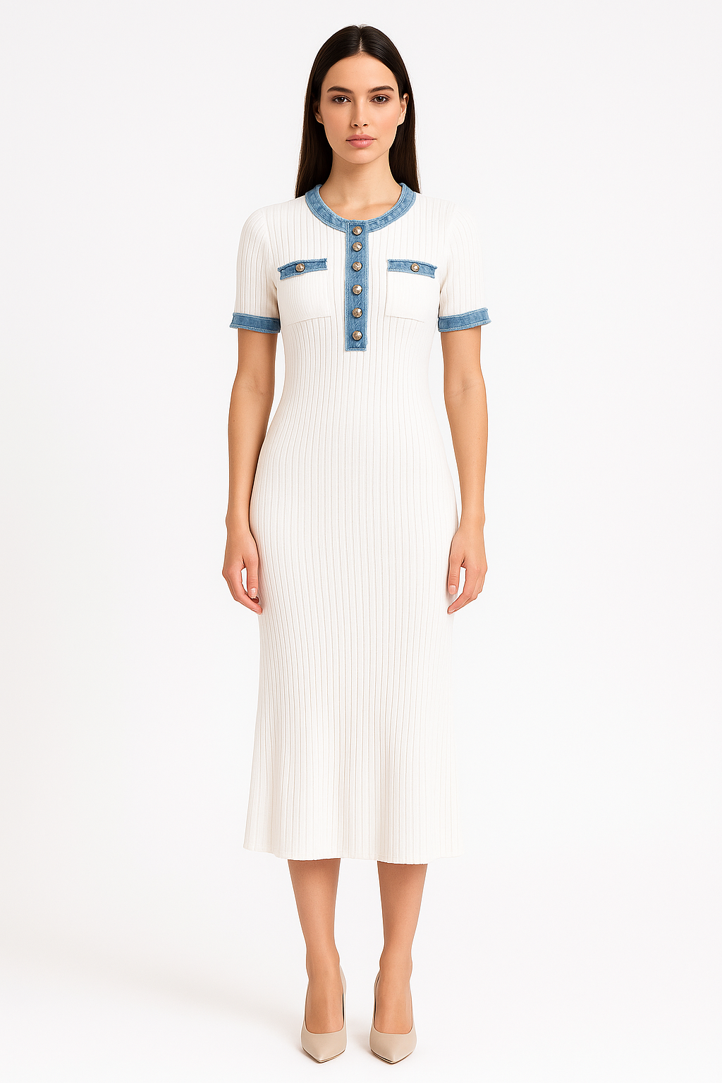 Short Sleeve Ribbed Knit Midi Dress - White
