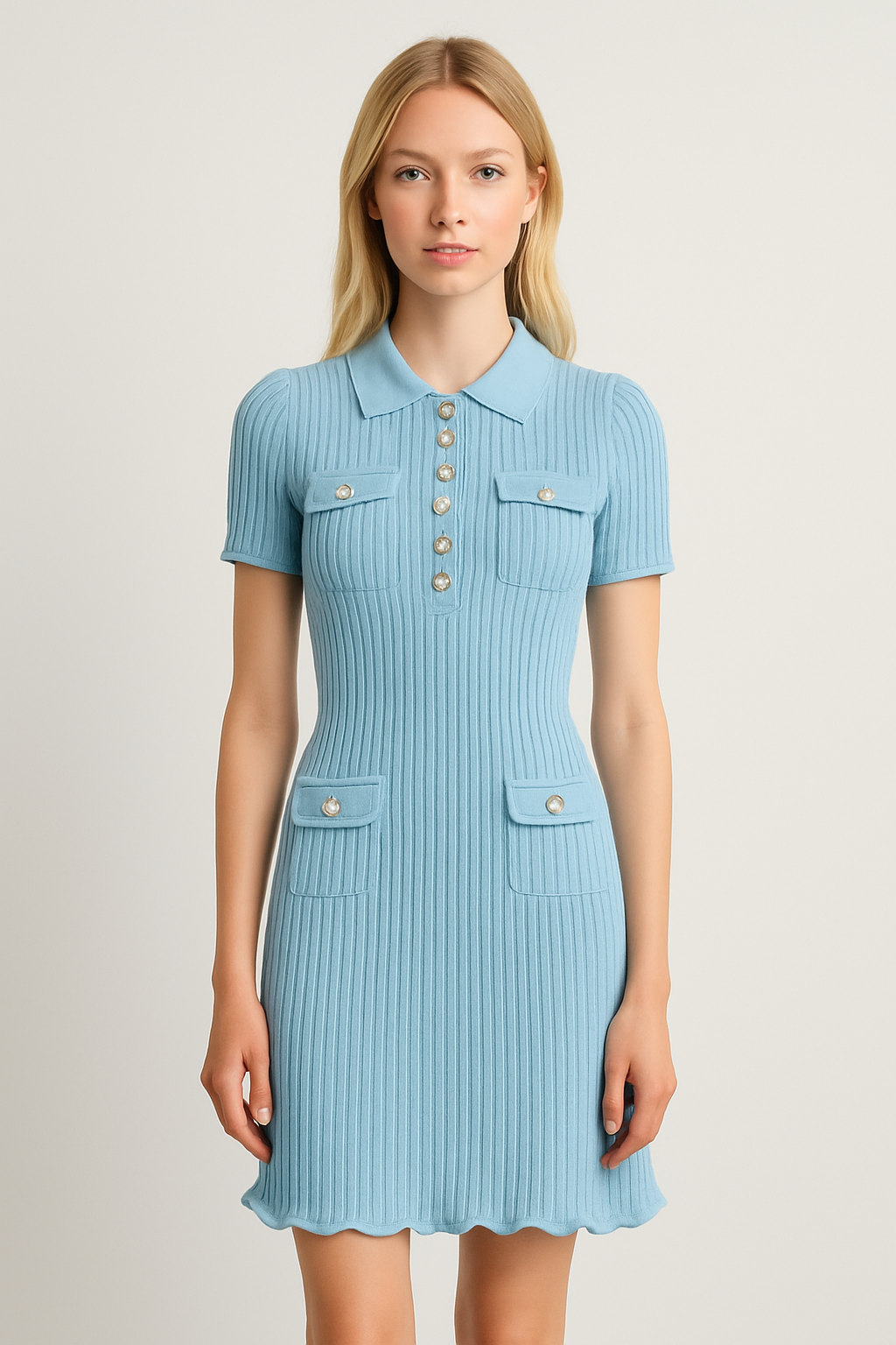 Diamond-Button Short Sleeve Ribbed Knit Mini Dress - Blue