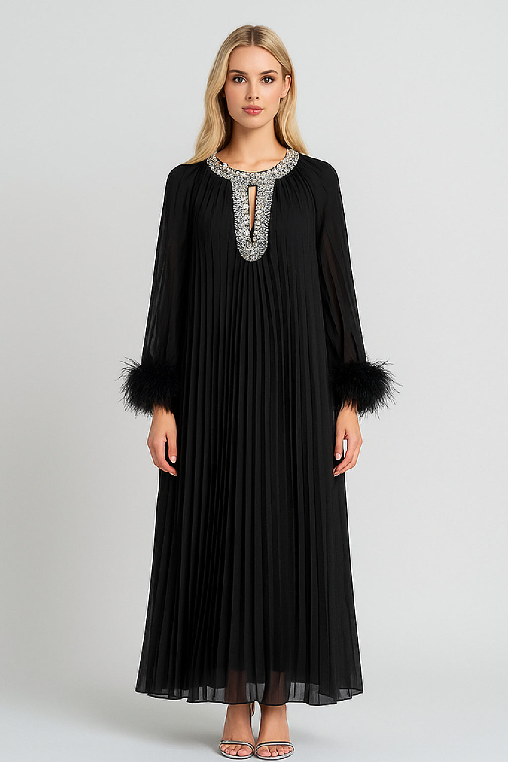 Feather-Trim Pleated Gown - Black