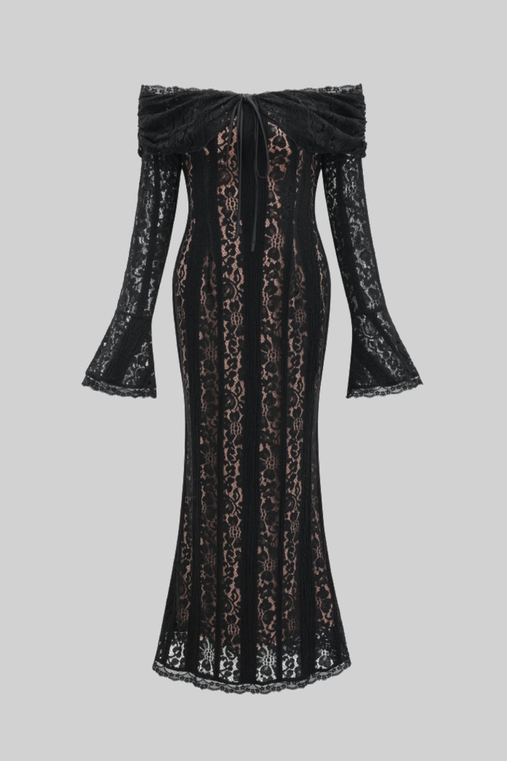 Lace Gown With Romantic Off-Shoulder Silhouette - Black