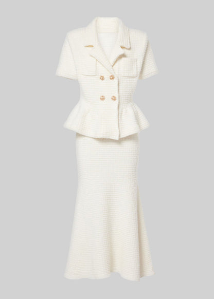 Gold-Button Peplum Knit Midi Dress - White