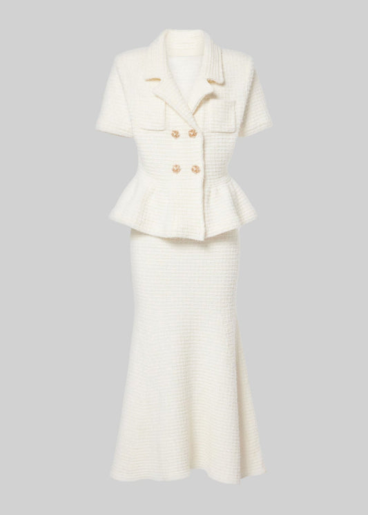 Gold-Button Peplum Knit Midi Dress - White