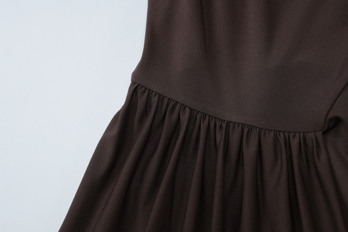 Draped Maxi Dress with Pleated Waist and Side-Slit - Brown