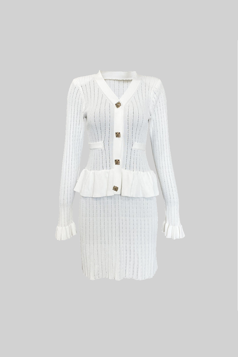 Pearl-Button Peplum Knit Dress - Ivory