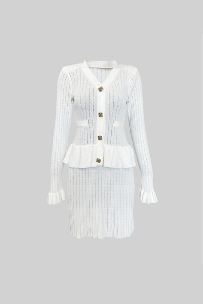 Pearl-Button Peplum Knit Dress - Ivory