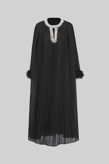 Feather-Trim Pleated Gown - Black