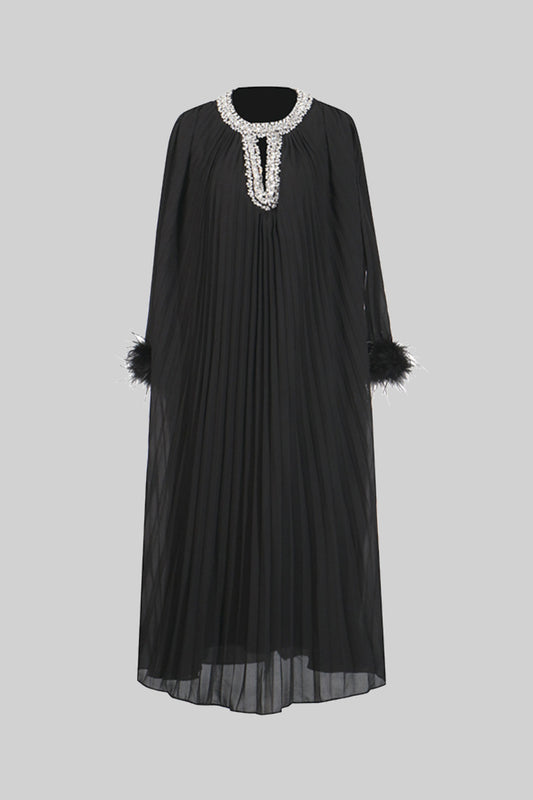 Feather-Trim Pleated Gown - Black