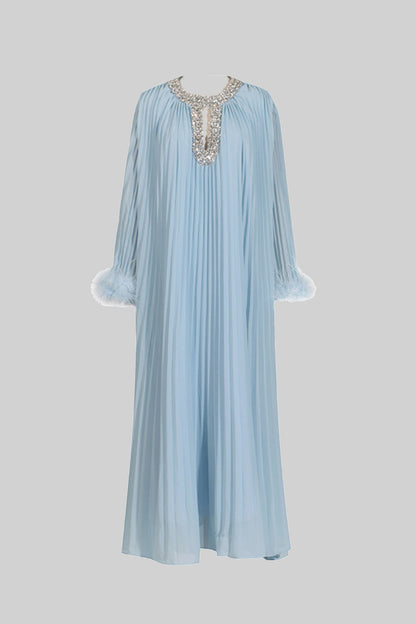 Feather-Trim Pleated Gown - Blue
