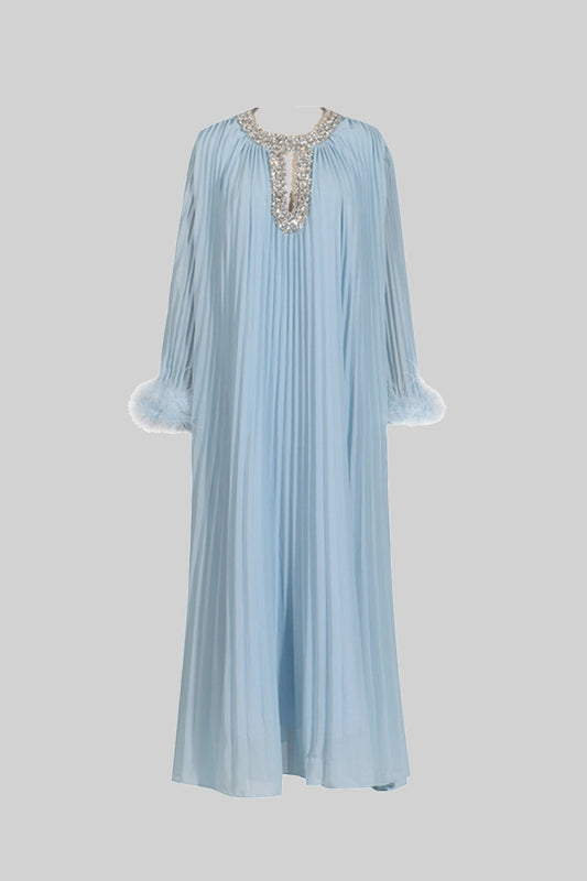 Feather-Trim Pleated Gown - Blue