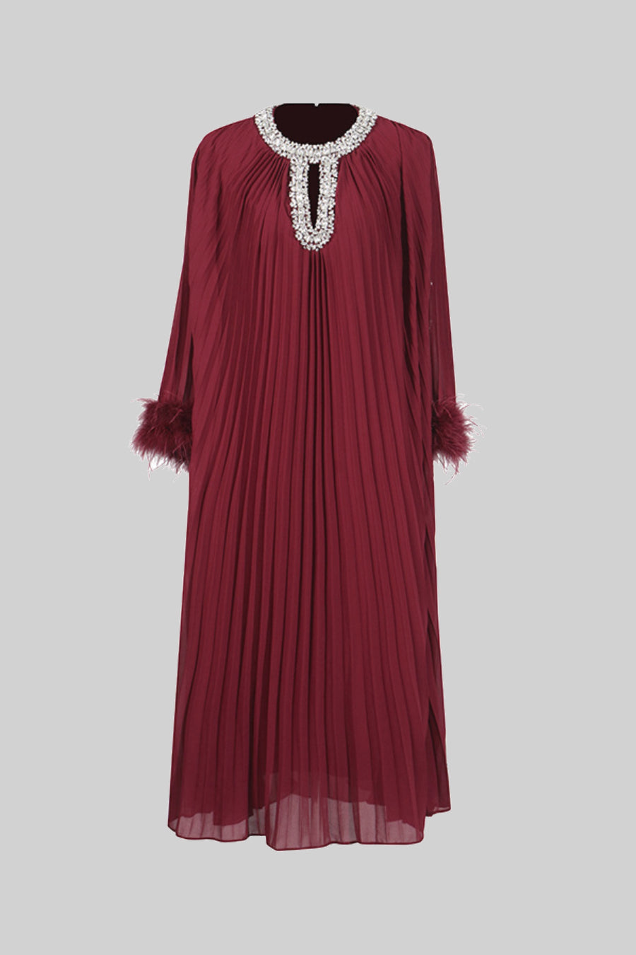 Feather-Trim Pleated Gown - Burgundy