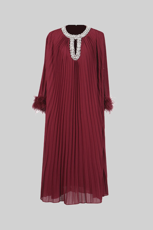 Feather-Trim Pleated Gown - Burgundy