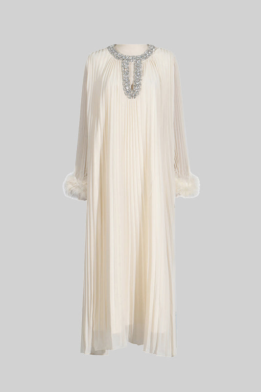Feather-Trim Pleated Gown - Beige
