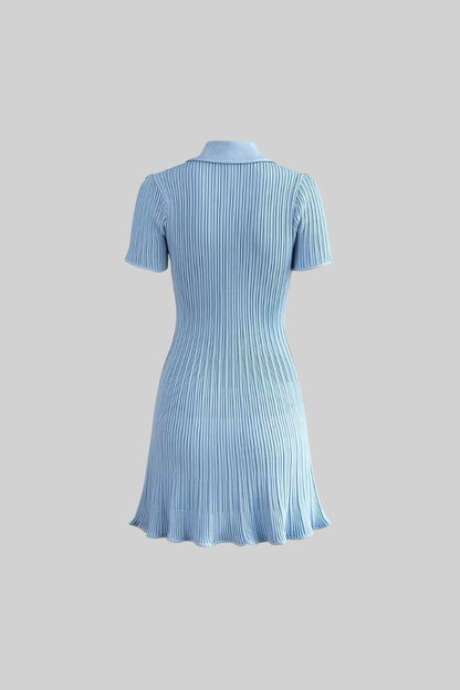 Diamond-Button Short Sleeve Ribbed Knit Mini Dress - Blue