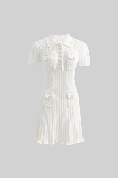 Diamond-Button Short Sleeve Ribbed Knit Mini Dress - White