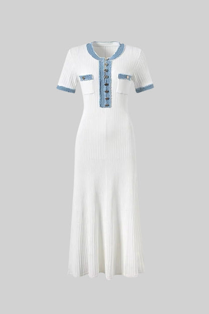 Short Sleeve Ribbed Knit Midi Dress - White