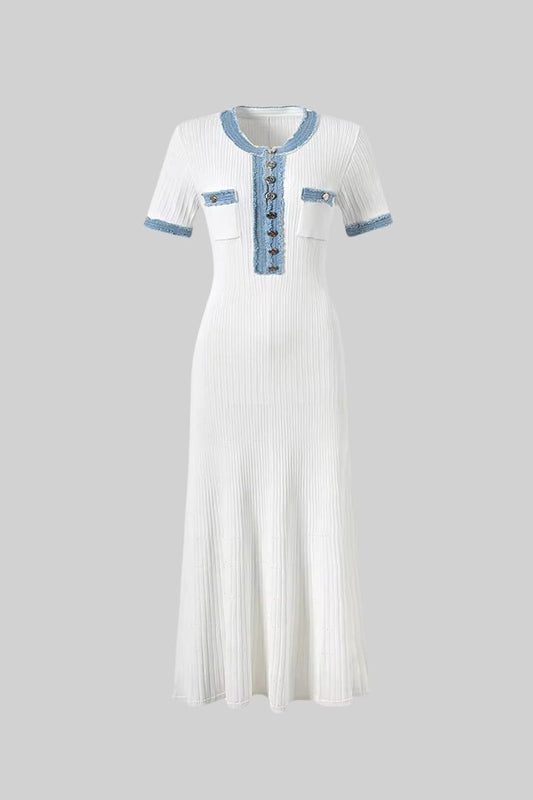 Short Sleeve Ribbed Knit Midi Dress - White