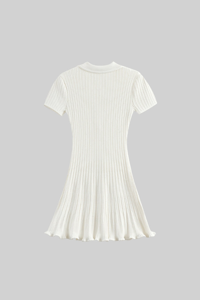 Diamond-Button Short Sleeve Ribbed Knit Mini Dress - White