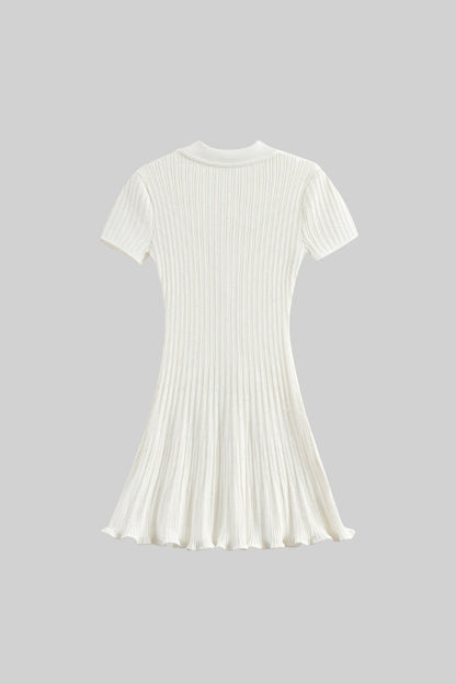 Diamond-Button Short Sleeve Ribbed Knit Mini Dress - White