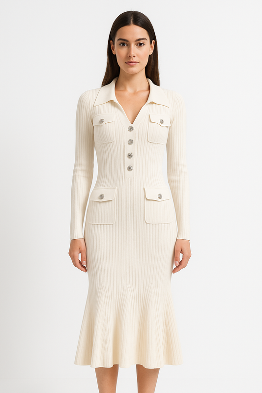 Long Sleeve Ribbed Knit Dress - White