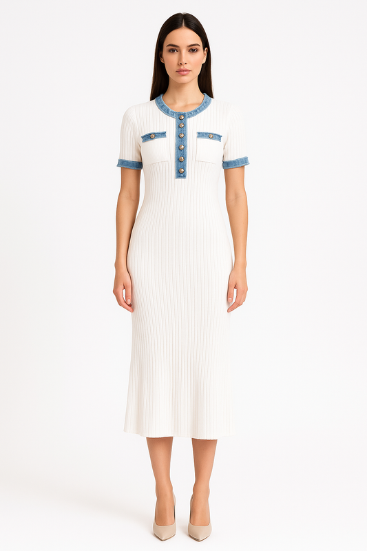 Short Sleeve Ribbed Knit Midi Dress - White
