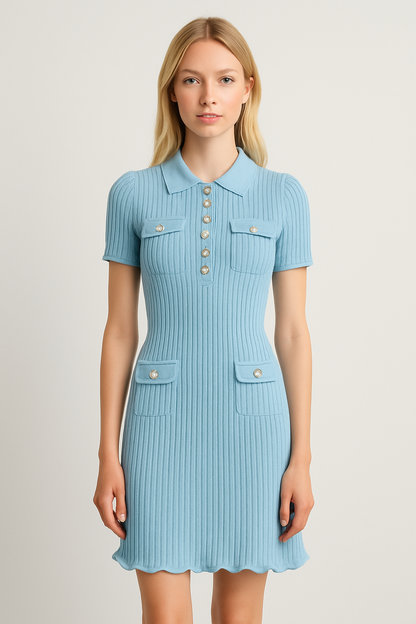 Diamond-Button Short Sleeve Ribbed Knit Mini Dress - Blue