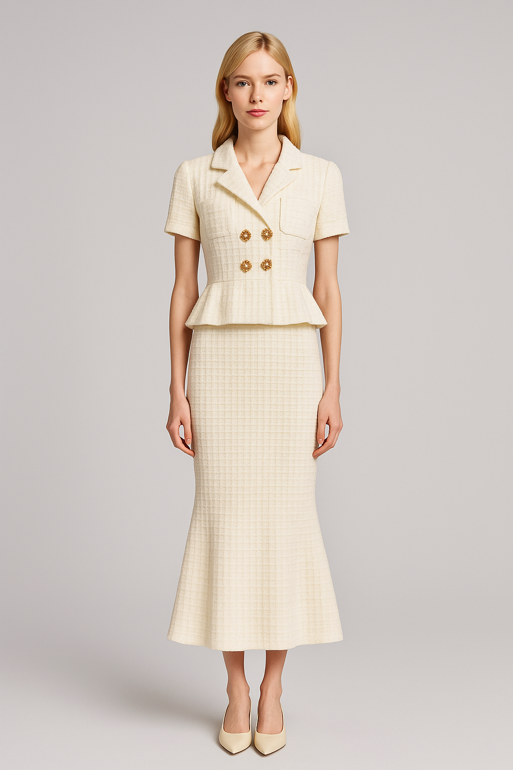 Gold-Button Peplum Knit Midi Dress - White