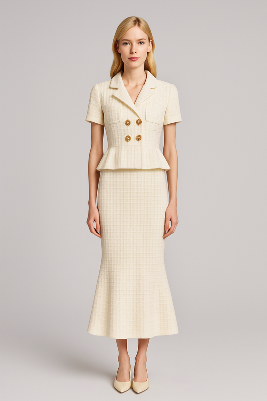 Gold-Button Peplum Knit Midi Dress - White
