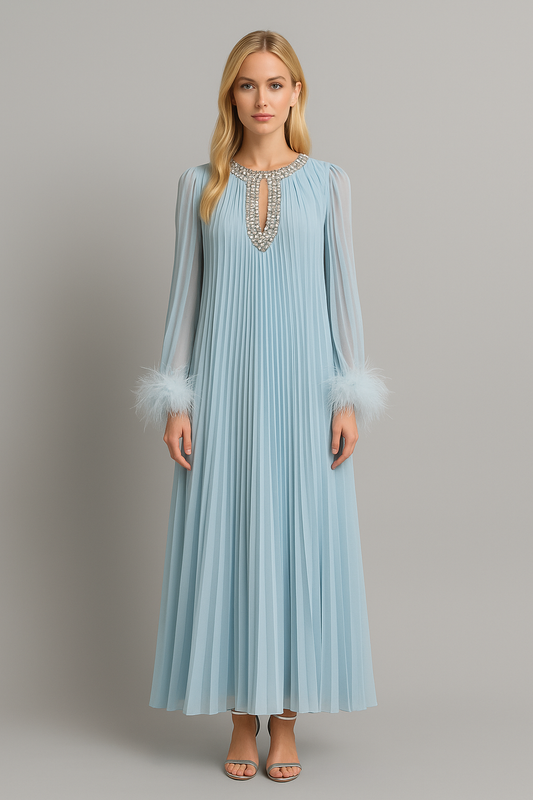 Feather-Trim Pleated Gown - Blue