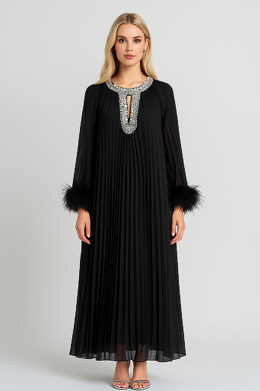 Feather-Trim Pleated Gown - Black