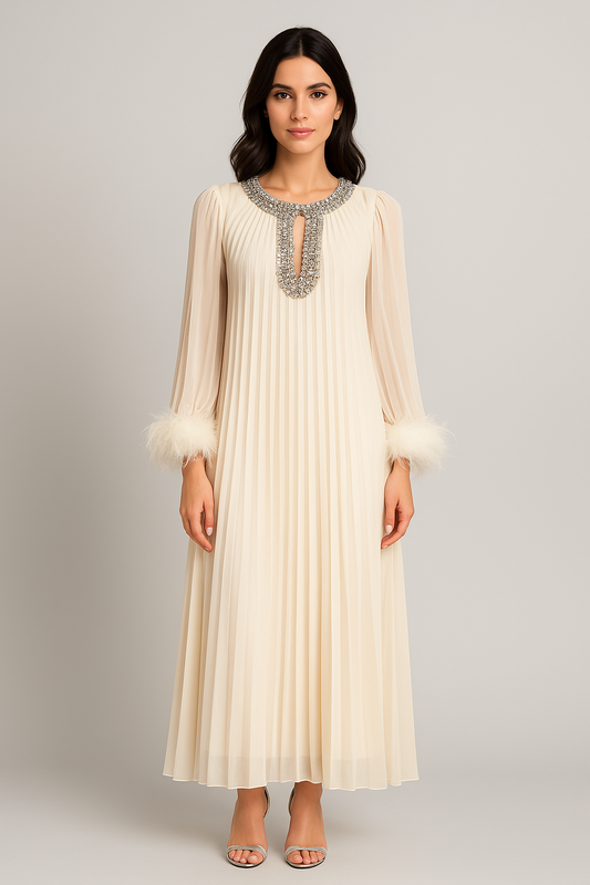 Feather-Trim Pleated Gown - Beige
