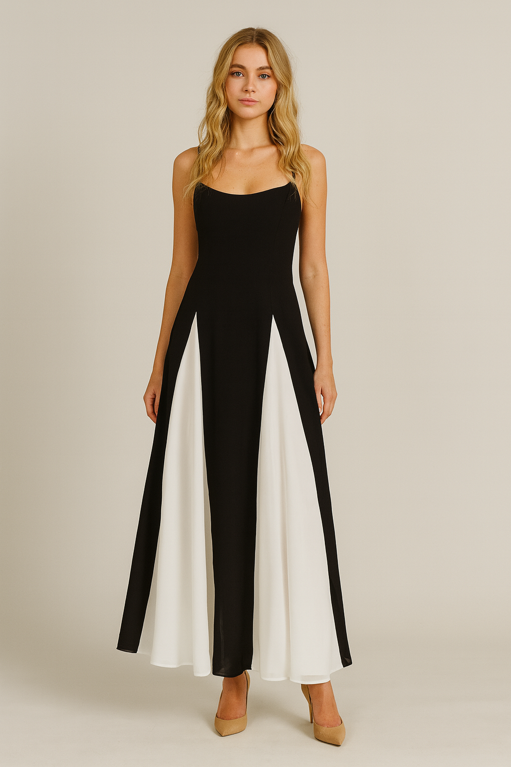 Black Strapless Gown with White Chiffon Godet Inserts