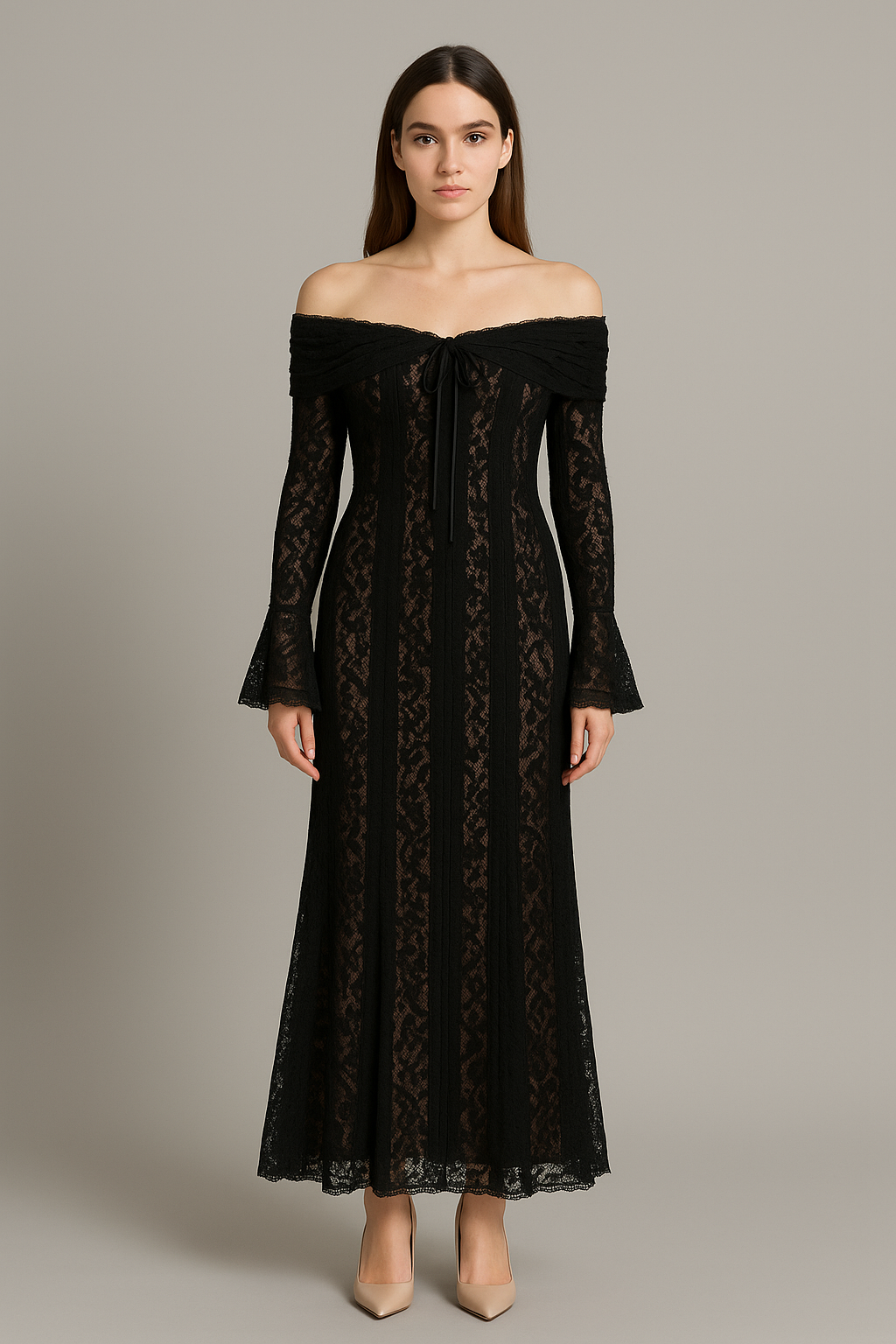 Lace Gown With Romantic Off-Shoulder Silhouette - Black