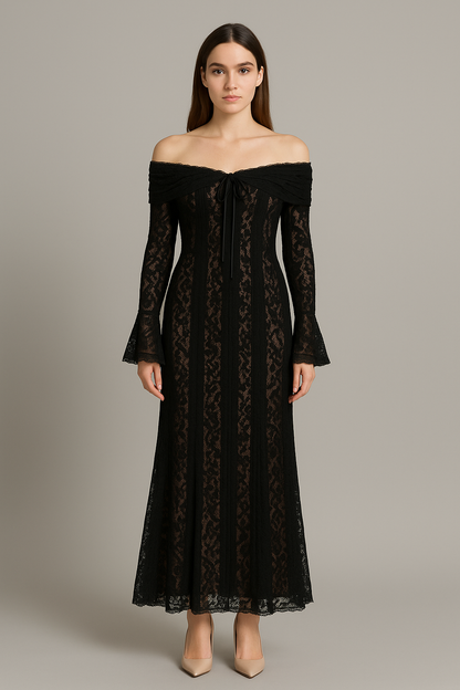 Lace Gown With Romantic Off-Shoulder Silhouette - Black