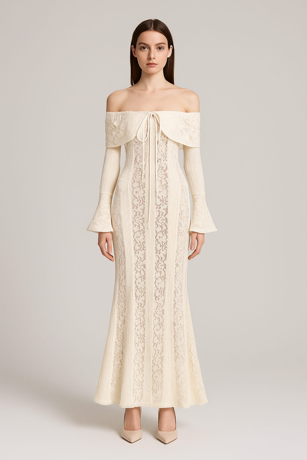 Lace Gown With Romantic Off-Shoulder Silhouette - White