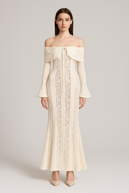 Lace Gown With Romantic Off-Shoulder Silhouette - White
