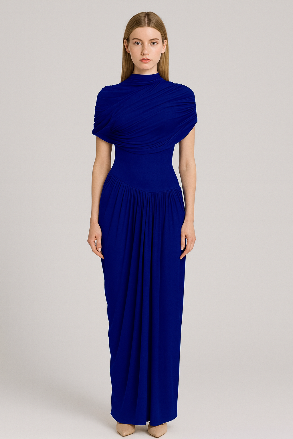 Asymmetrical Pleated Maxi Dress with Ruched Detailing and Draping Skirt - Dark Blue