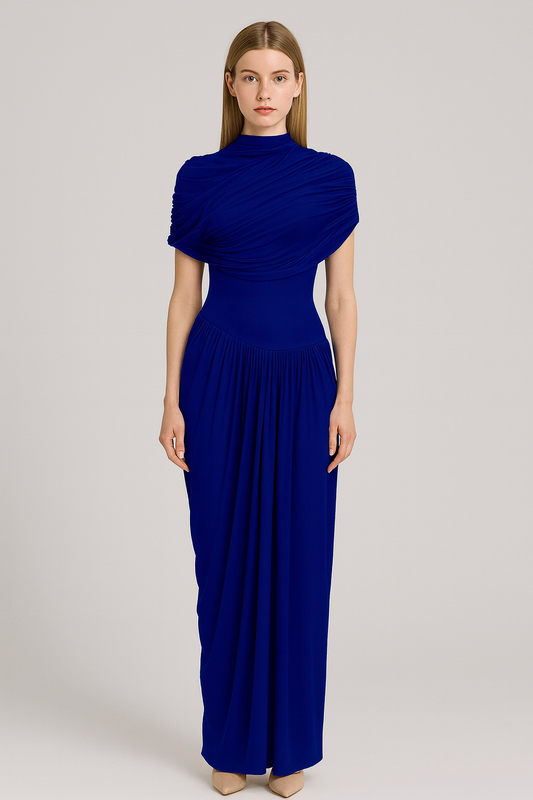 Asymmetrical Pleated Maxi Dress with Ruched Detailing and Draping Skirt - Dark Blue