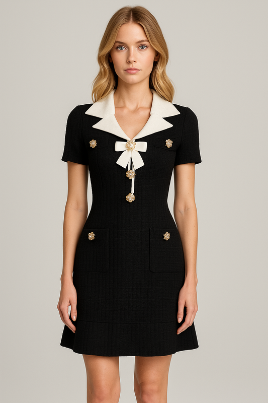 Short Sleeve Mini Tweed Dress with Decorative Details - Black