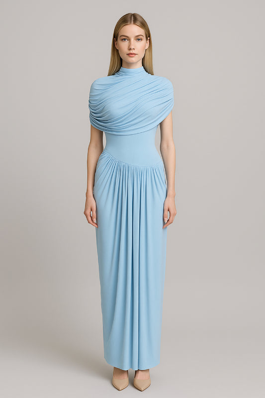 Asymmetrical Pleated Maxi Dress with Ruched Detailing and Draping Skirt - Baby Blue
