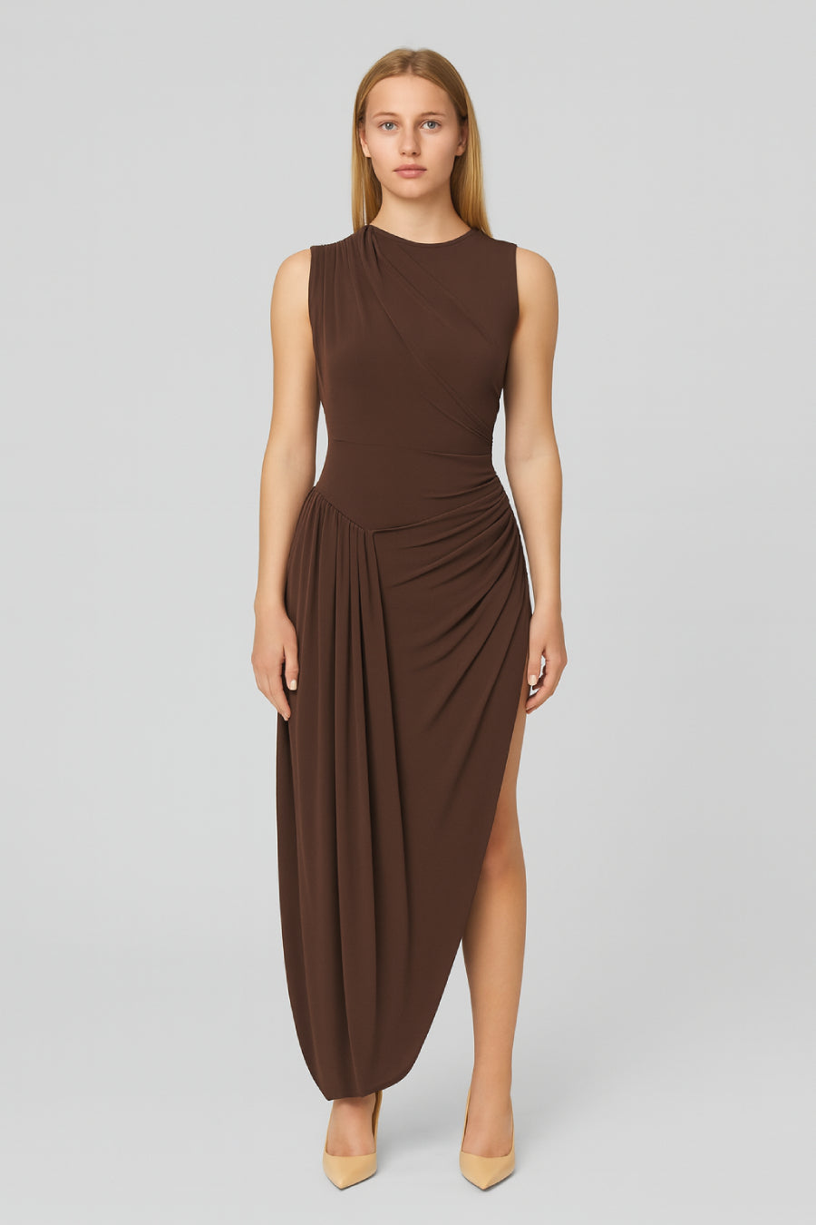 Draped Maxi Dress with Pleated Waist and Side-Slit - Brown