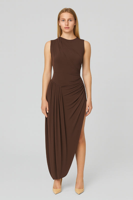 Draped Maxi Dress with Pleated Waist and Side-Slit - Brown