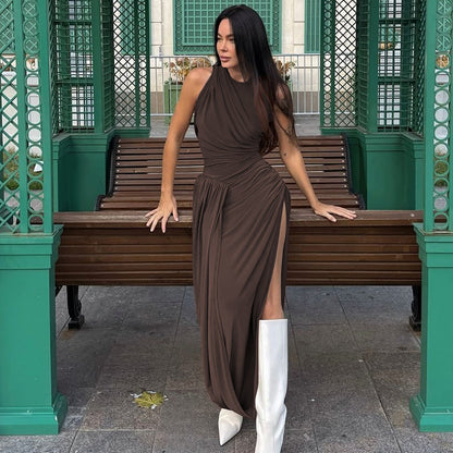 Draped Maxi Dress with Pleated Waist and Side-Slit - Brown